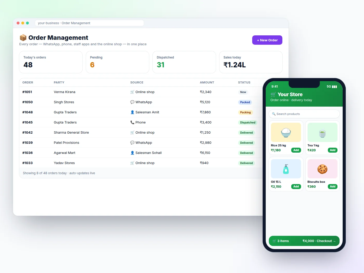 SuperfastOrder admin order management dashboard with the mobile online shop app